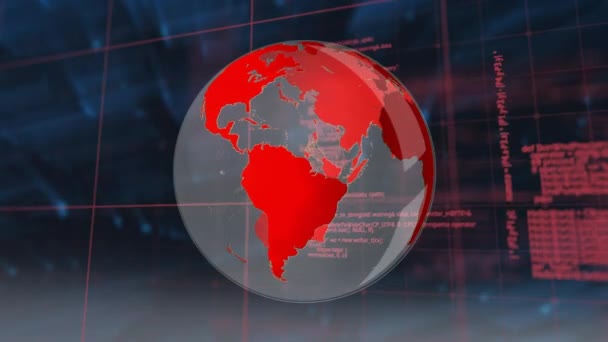 Animation Der Datenverarbeitung Roter Und Roter Globusdrehung Mit Raster Auf — Stockvideo