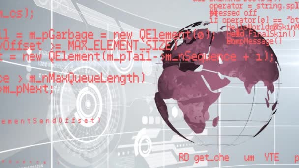 Animation du traitement des données en rouge et globe tournant avec des scopes et grille sur fond gris 