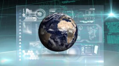 Ekranda yeşil ve beyaz olarak veri işleme animasyonu ve yeşil arkaplanda dönen küre