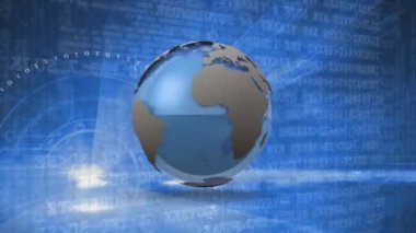 Dönen bir küre etrafında uçan uçakların animasyonu, mavi arka planda tarama ve veri işleme