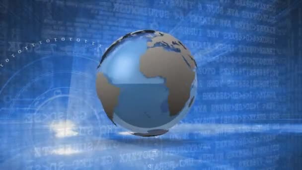 Animation d'avions volant autour d'un globe tournant, balayage de la portée et traitement des données sur fond bleu 