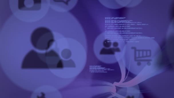 紫と黒の人々のアニメーション 紫の背景にデータ処理とショッピングトロリーやカメラのコンピュータのアイコン グローバルネットワーク — ストック動画