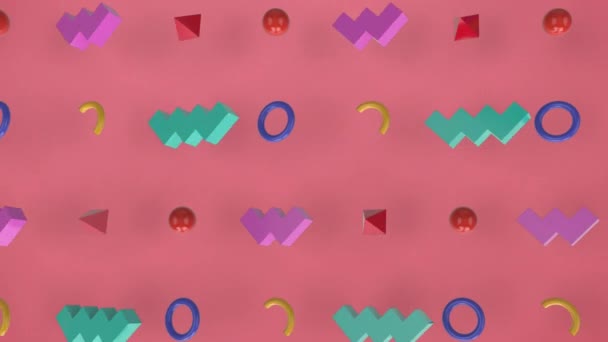 Animation de formes métalliques abstraites colorées se déplaçant en formation sur un fond rose saumon 