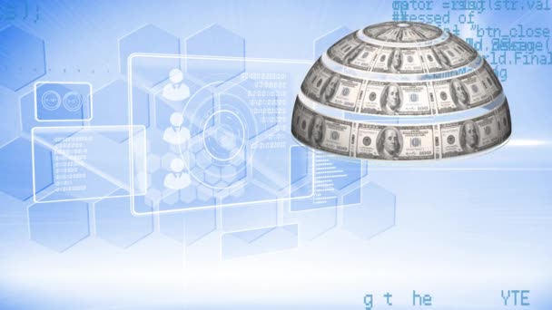 Animation du traitement des données, du réseau de connexions et du globe de billets en dollars américains filant sur un fond bleu lumineux 