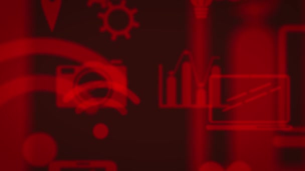 赤の場所のアニメーション カメラ 暗い赤の背景に無線Lanの受信とグラフコンピュータのアイコン — ストック動画