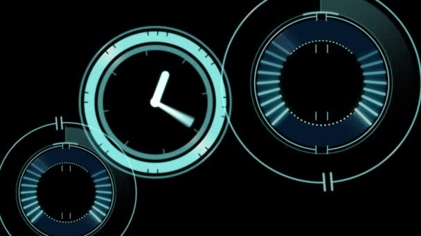 黒の背景をスキャンする2つのスコープを持つ高速移動緑の時計のアニメーション — ストック動画