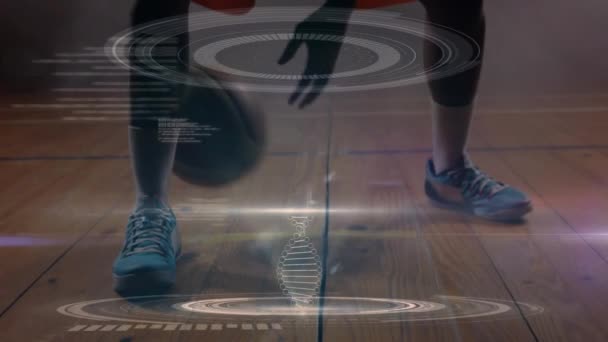 Dna链旋转动画和数据处理分析 背景是一名混血男子在室内场地打篮球 — 图库视频影像