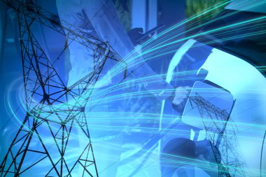 Blue abstract design against the evening electricity pylon silhouette and woman charging electric car at charging station