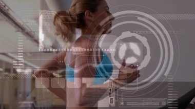 Arka plandaki spor salonunda koşu bandında koşan sarışın, beyaz bir kadınla dönen bir tarama ve analiz animasyonu.