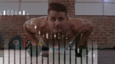 Veri işleme, çizelge ve analizlerinin animasyonu. Beyaz bir adamın arka plandaki bir spor salonunda halterlerle şınav çekmesi.