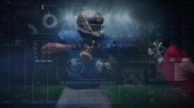 Veri işleme, tarama ve analizlerin animasyonu. Amerikalı bir futbolcunun arka planda bir futbol sahasında başka bir oyuncuyla uğraşması.