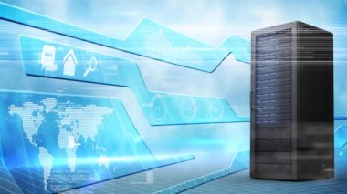 Mavi arkaplanda dünya haritası ve bilgisayar işlemcisi, ev, arama ve mesaj bilgisayar simgeleri ile veri işleme animasyonu