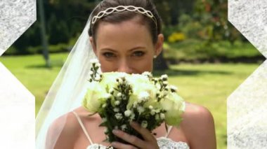 Yeni evlenmiş beyaz bir gelinin ön plandaki beyaz yıldız şeklindeki pencereden görülen buketinin kokusunu ve gülümsemesini canlandırmak.