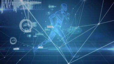 Arkaplanda koşan bir adamın mavi, parıldayan dijital figürüne sahip bir bağlantı, analitik ve veri işleme ağının animasyonu