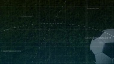 Bir futbol oyuncusunun arka plandaki futbol sahasında topa tekme attığı üç boyutlu bir şebekedeki bağlı noktalar ağının animasyonu