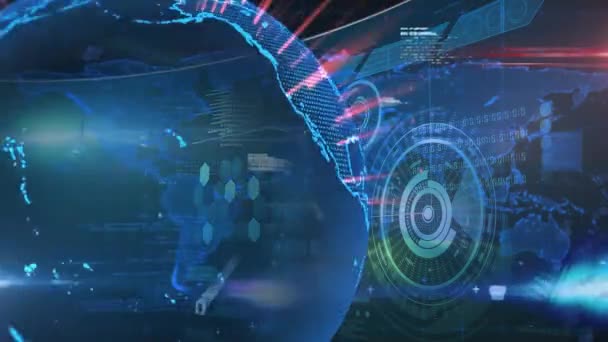 Animation du traitement des données, réseau de connexions et rotation du globe avec lueur sur fond bleu 