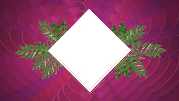 言葉のアニメーションピンクの背景にピンクの花やピンクの心が現れ 白いダイヤモンドの形のサインに黒い文字で書かれています バレンタインデーを祝う — ストック動画