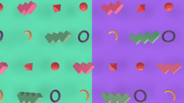 Animation Abstract Metallic Shapes Moving Formation Half Green Half Purple — 비디오