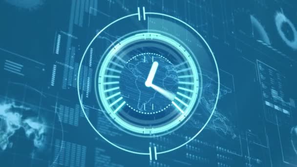 Animação Relógio Movimento Rápido Processamento Dados Fundo Azul — Vídeo de Stock