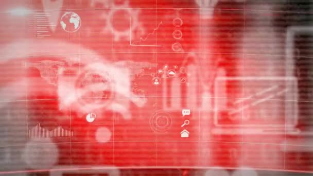 赤の背景に世界地図でデータ処理と場所 無線Lan受信 クラウドやカメラのコンピュータのアイコンのアニメーション グローバル技術 — ストック動画