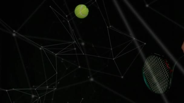 Animation Complex Network Connections Hand Holding Tennis Racket Hitting Green — 비디오