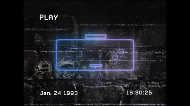 背景为砖墙上霓虹灯游戏控制器标志的老式录像动画制作 — 图库视频影像