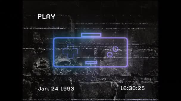 Animação Uma Gravação Vídeo Vintage Sinal Controlador Jogo Néon Parede — Vídeo de Stock