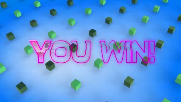 あなたが勝つ言葉のアニメーション青の背景に形成に移動3D緑の金属キューブとピンクの金属文字で書かれた — ストック動画