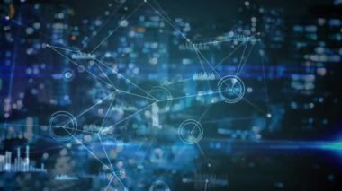 Koyu mavi arkaplan üzerindeki bulanık şehir manzarasıyla veri işleme ve bağlantı ağını hareket ettirme animasyonu