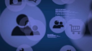 Mavi ve siyah insanların animasyonu, alışveriş arabası ve kamera bilgisayar simgeleri koyu mavi arka planda veri işleme ile