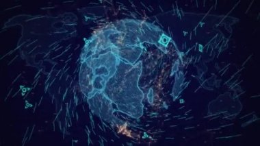 Şehir manzarası ve koyu mavi arkaplan üzerindeki dünya haritası ile dönen bağlantı ve dünya ağının canlandırması