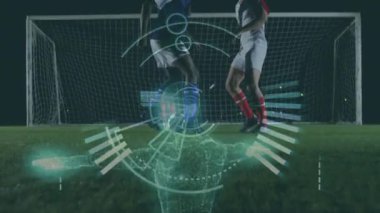 Analiz için tarama yapan dairesel bir teleskobun animasyonu. Arka plandaki bir maç sırasında futbol sahasında topu tekmeleyen iki futbolcuyla birlikte.