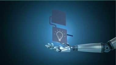 Akıllı telefon, posta, dizüstü bilgisayar ve mavi arka planda robot eli olan bilgisayar simgeleriyle bağlantı ağının animasyonu. Genel Ağ.