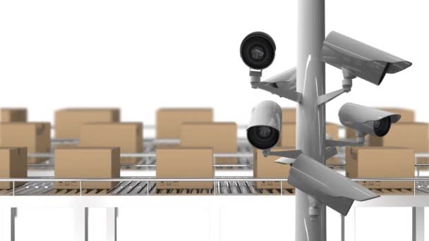 Animación Cámaras Cctv Moviéndose Filas Cajas Cartón Sobre Bandas Transportadoras — Vídeos de Stock