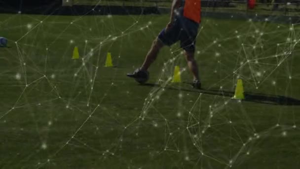 背景にサッカーとピッチ上のサッカー選手の訓練のチームの低セクションとの接続の複雑なネットワークのアニメーション — ストック動画
