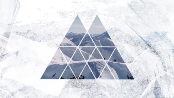 Animation Two Distant Figures Walking Snow Covered Mountain Range Seen — Stock Video