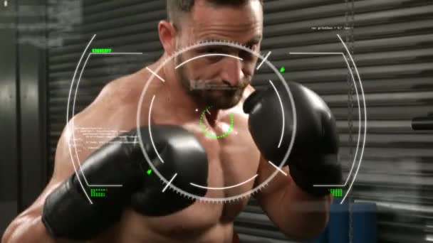 Animación Escáner Giro Análisis Con Boxeador Caucásico Sin Camisa Boxeando — Vídeos de Stock