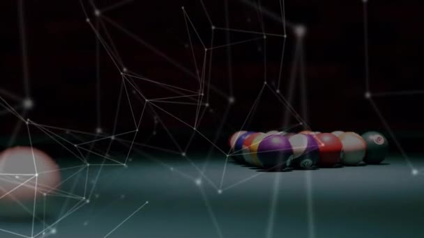 动画连接和共享点的复杂网络 在后台的池表上有一个小球破断的特写镜头 — 图库视频影像