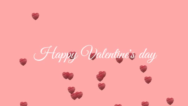 言葉のアニメーションハッピーバレンタインデーは白い文字で書かれ 赤いハート型の風船が淡いピンクの背景に浮かんでいます — ストック動画