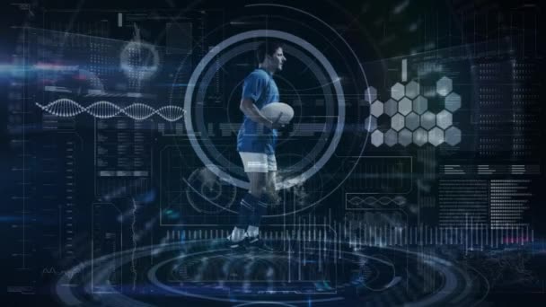 Animation Data Processing Scope Scanning Analytics Male Rugby Player Running — Stock Video