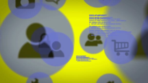 黄色の背景にデータ処理と青と黒の人々 ボリューム ショッピングトロリーやカメラのコンピュータのアイコンのアニメーション — ストック動画