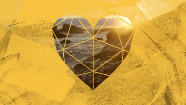 Animation Coastline Rocks Sea Sunset Seen Yellow Heart Shaped Window — 비디오