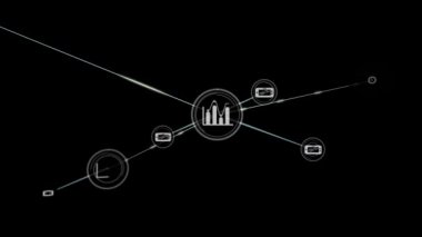 Siyah arkaplanda grafik ve tablet bilgisayarla veri işleme ve bağlantı ağının animasyonu. Küresel ağ. 3d dijital tasarım kompozit video canlandırması.