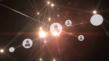 Parlak kırmızı ve siyah arkaplandaki insan simgeleriyle veri işleme ve bağlantı ağının animasyonu. Küresel ağ. 3d dijital tasarım kompozit video canlandırması.