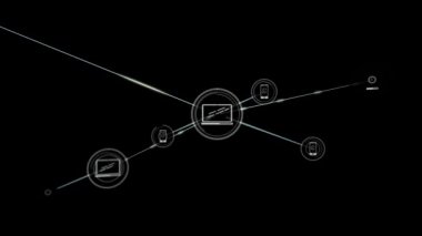 Siyah arka planda veri işleme ve dizüstü bilgisayar ve akıllı telefon ile bağlantı ağının animasyonu. Küresel ağ. 3d dijital tasarım kompozit video canlandırması.