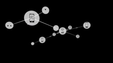 Siyah arkaplandaki akıllı telefon ve müzik simgeleriyle veri işleme ve bağlantı ağının animasyonu. Küresel ağ. 3d dijital tasarım kompozit video canlandırması.