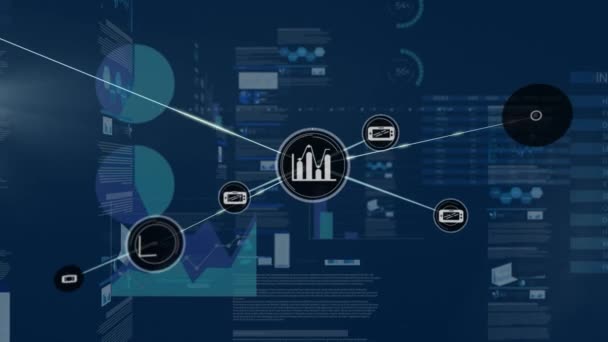 Animation du traitement des données et du réseau de connexions avec des icônes graphiques et de localisation sur fond bleu. Réseau mondial. Animation vidéo composite de conception numérique 3D .