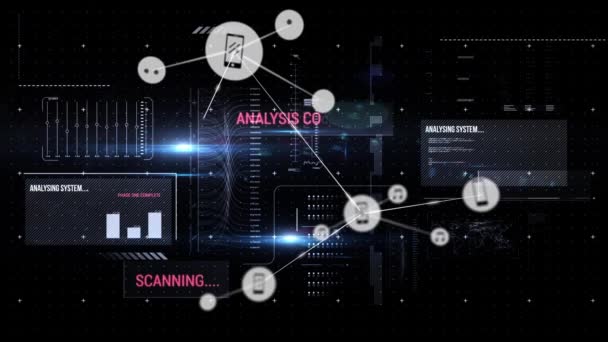 Animation Data Processing Network Connections Music Smartphone Icons Black Background — 비디오