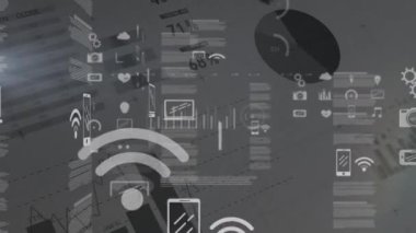 Finansal büyüme grafikleri ve mali belgelerle hareket eden istatistiklerin iş veri işleme animasyonu. 