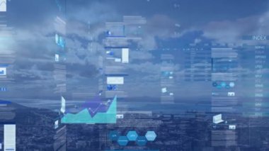 Finansal büyüme grafikleri ve arka planda şehir manzarası ile hareket eden istatistiklerle birlikte iş veri işleme animasyonu. Küresel finans sektörü büyüme kavramı.